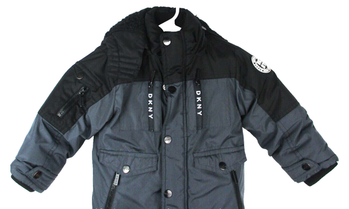 DKNY Cappotto Invernale Cappuccio Isolato Ecopelliccia Logo Doppia Chiusura Grigio Nero Taglia 2T - Foto 2 di 18