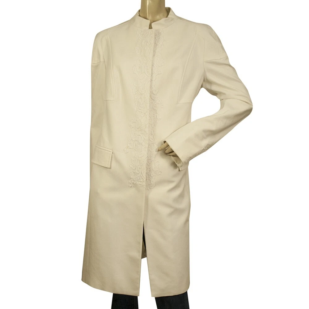 Cappotto Versace bianco misto cotone pizzo passamaneria senza colletto gancio e occhiello davanti tg 48