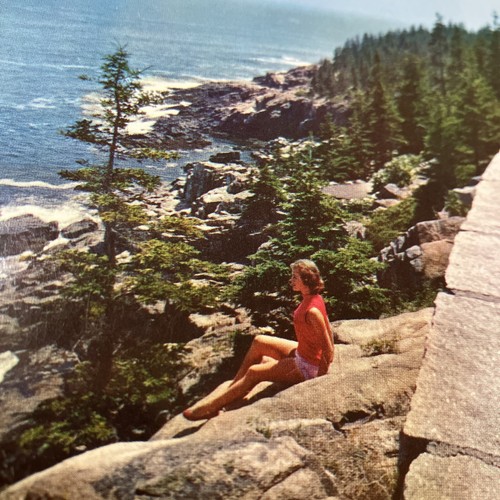 1960s Pretty Lady On Otter Cliff Bar Harbor Maine Chrome Postcard - Picture 2 of 5