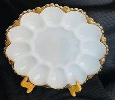 Anchor Hocking Fire King White Milk Glass Deviled Egg Serving Plate (gold Trim)