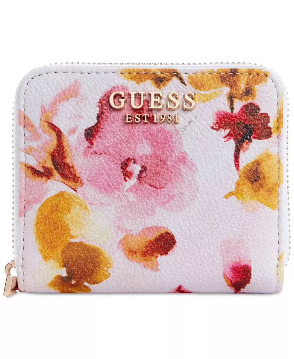 NEW GUESS Women's White Pink Floral Small Mini Zip Around Wallet Bag + Gift Box