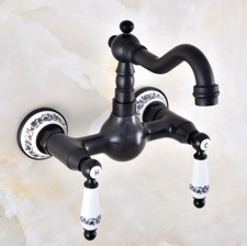 Oil Rubbed Bronze Wall Mount Dual Ceramic Handles Bathroom Basin Sink Faucet