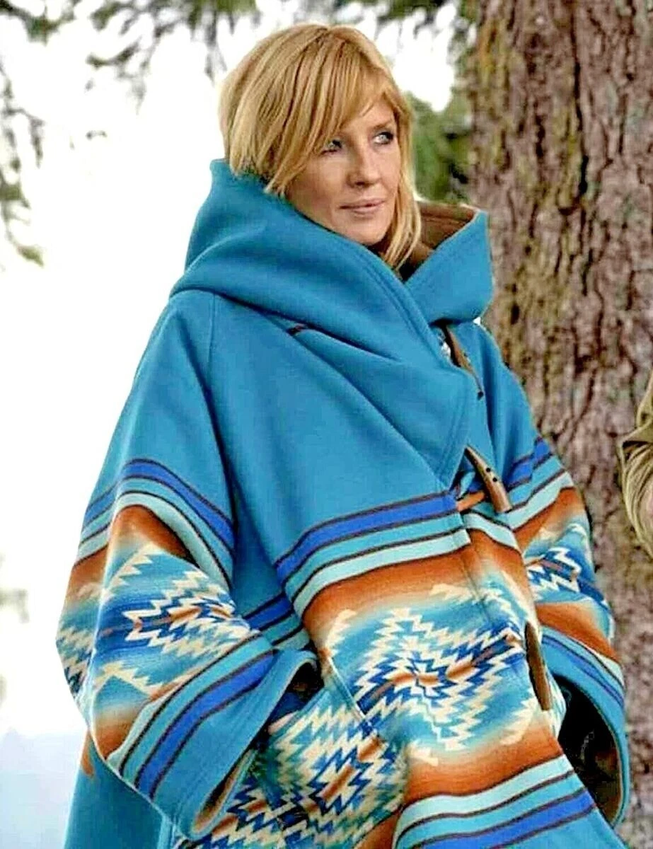 Women Yellowstone Season 3 Kelly Reilly Beth Dutton Poncho Wool Hooded Blue  Coat | eBay