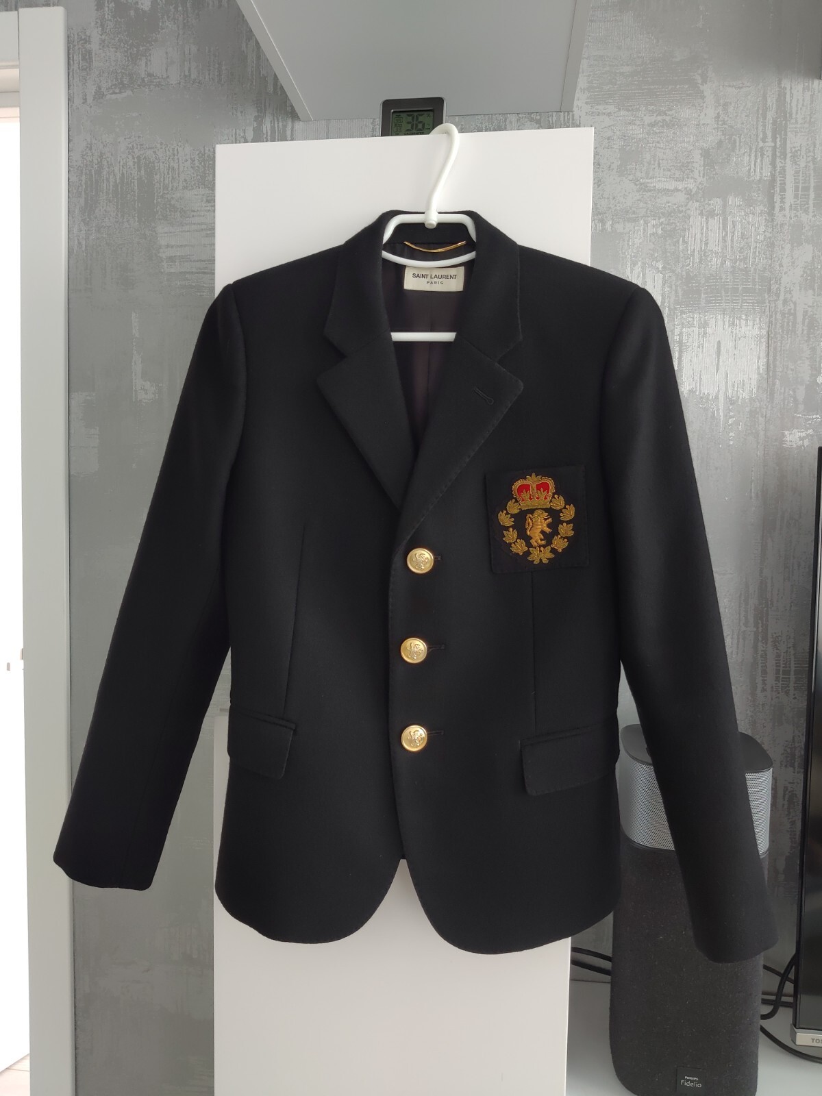 Giacca blazer tuta Yves Saint Laurent YSL stemma leone lana nera mazza ricamata