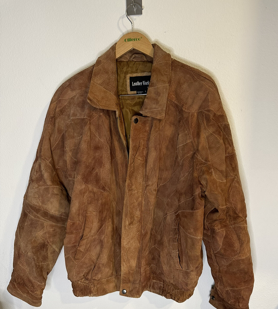 vintage suede leather patch jacket mens Large Brown Gem
