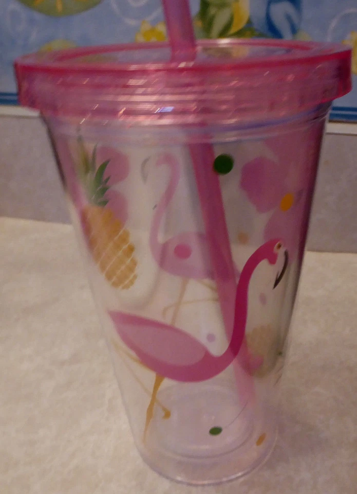 Tampa alta de palha rosa FLAMINGO Florida cálice plástico vidro piscina amigável Luau - Imagem 4 de 4