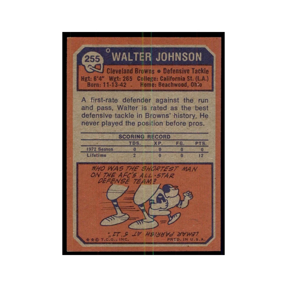Walter Johnson 1973 Topps #255 Football Cards Football Card EX - Image 2 of 3