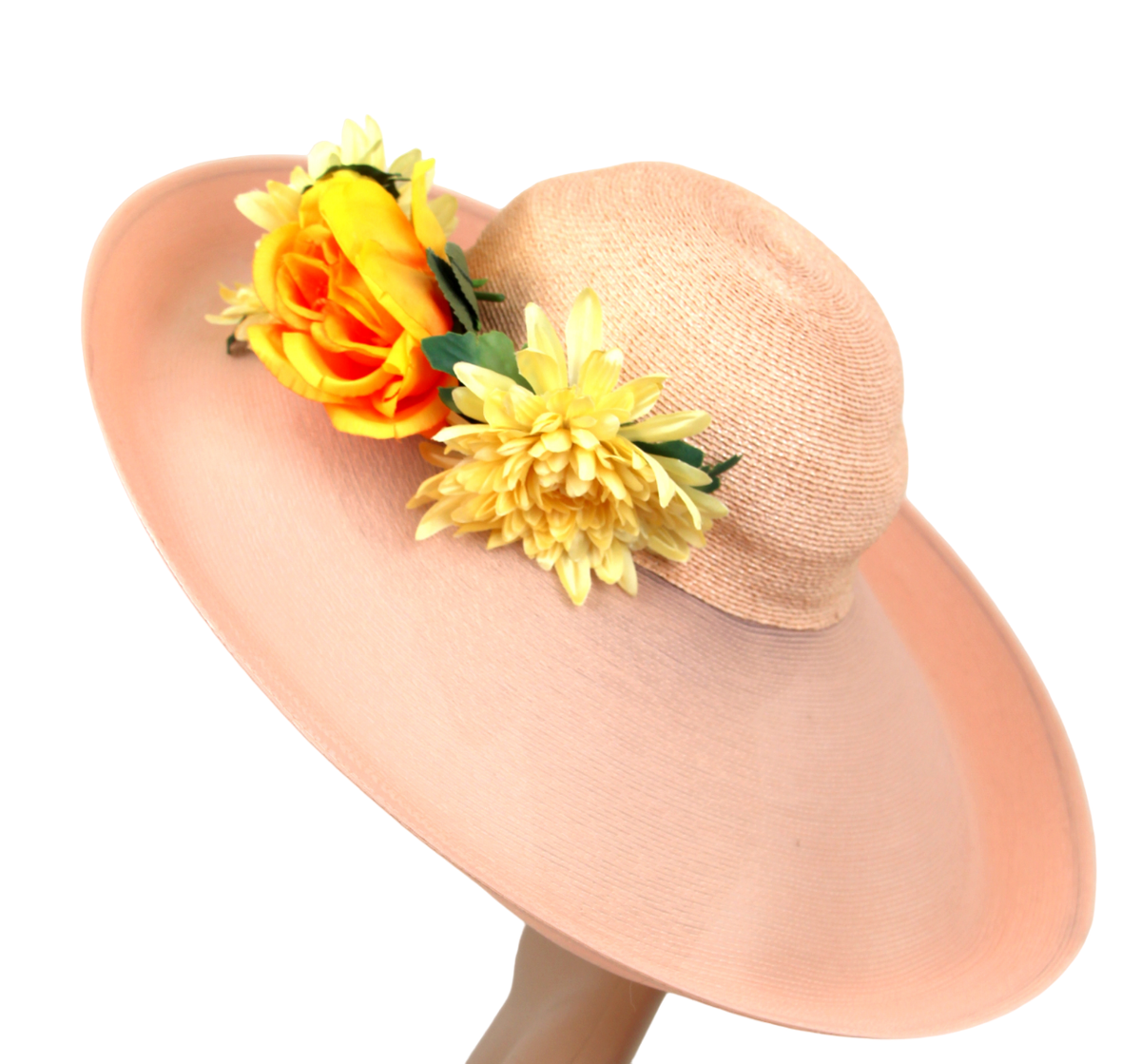 Patricia Underwood Tan and Cream Wide-Brimmed Hat with Floral Accents Patricia Underwood Pale Pink Oversize Wide Brim Flowers  main image 3