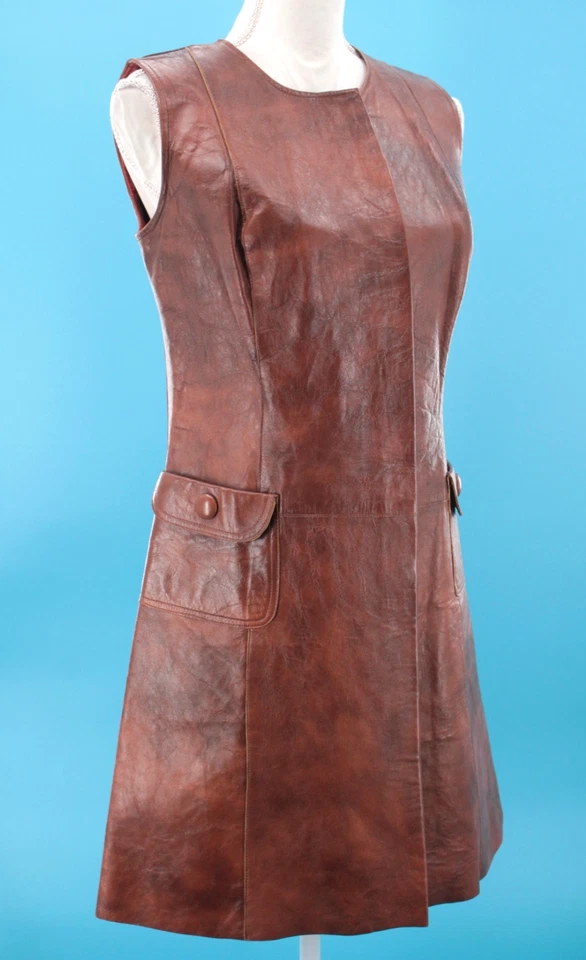 Винтажный женщин 60-х коричневый кожаный мод мини-платье с карманами Sz XS/S 1960-х молнии спереди - Изображение 2 из 4