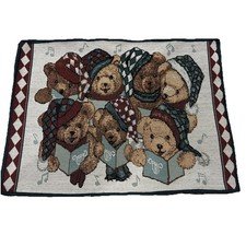 Tapestry Placemats Caroling Teddy Bears Christmas Red Green 17.5” x 13” Vintage