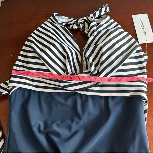 Meet Curve Faux Wrap Halter Swimsuit XL Blue White Striped NWT Retro Swim - Picture 15 of 16