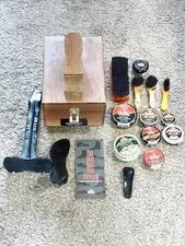 VTG Kiwi Valet Wooden Shoe Shine Box 4 Brushes, Polishes & Antique 1890 Cobbler 