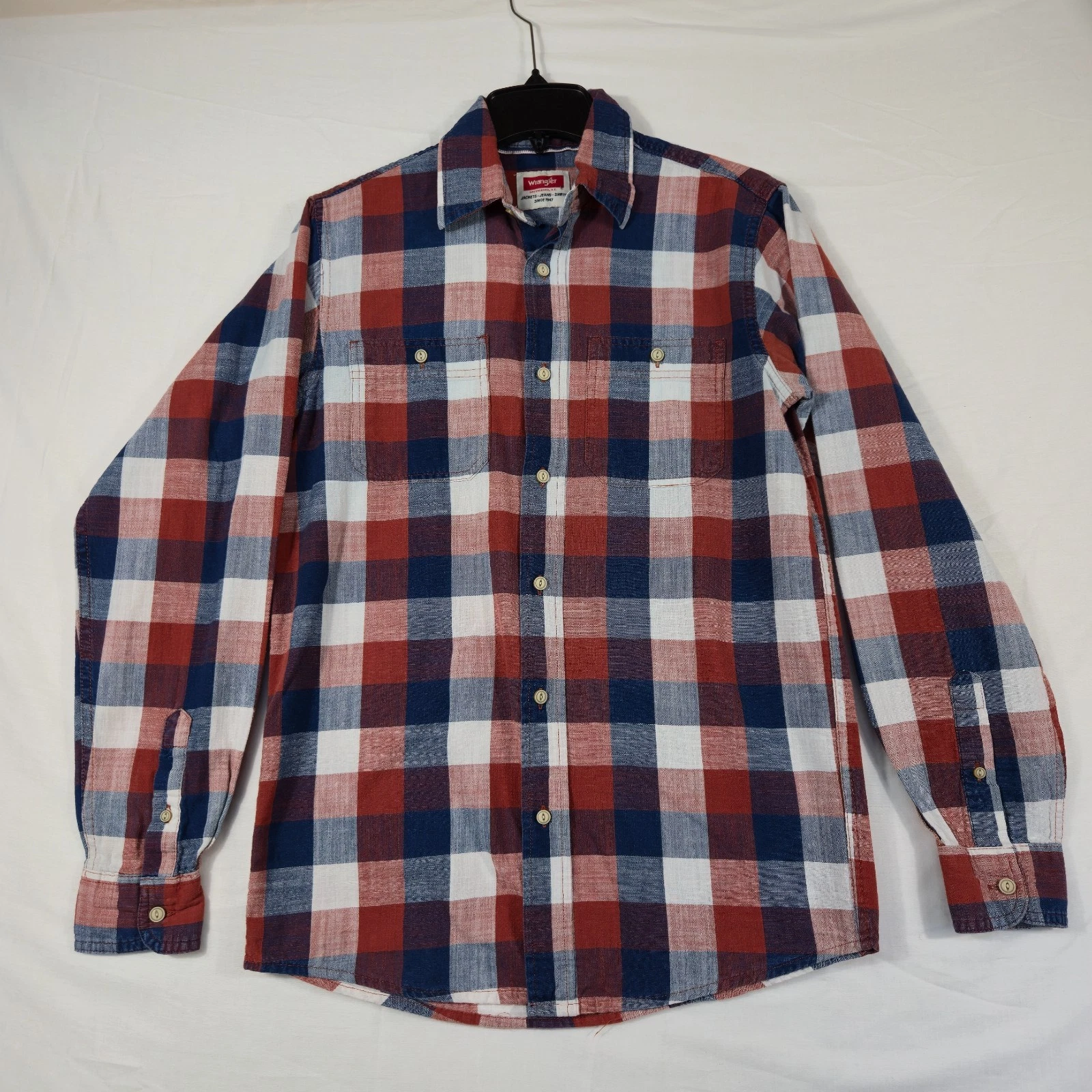 Wrangler Indigo Shirt Men Small Multicolor Check Cotton Casual Pleated Button Up