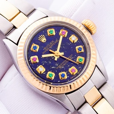 ROLEX LADIES STEEL-YELLOW GOLD DATEJUST BLUE RAINBOW GEMSTONE DIAL FLUTED BEZEL