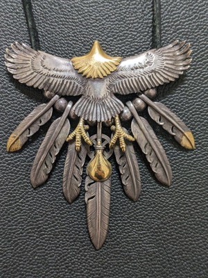 TADY&KING 18kgpイーグルフェザー LL Lot 8 TADY&KING Medium Eagle Head Gold Feather Set w/Leather Cord