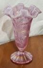 Y2K Fenton Pink Rosemilk Opal Iridescent Vase w/Scallop Edge 8” With Box 2005