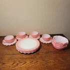 18 PC Vintage Hazel Atlas Pink & White Crinoline Ripple Milk Glass