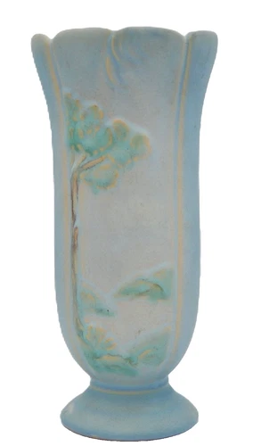 Antique Weller Art Pottery Vase, c1920 Raised Flowers Scalloped Rim 9.5" LOVELY!