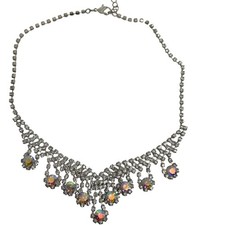 Sparkling AB Crystal Rhinestone Necklace Glamorous Silver Tone Statement Aurora