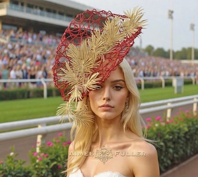 Golden Palm Royal Ascot Fascinator Kentucky Derby Hat Metallic Red Gold Leaf