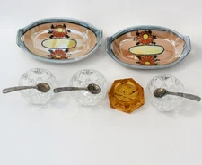 Open Salts Japanese Porcelain Glass Amber Octagon Clear Glass Diamonds 3 Spoons