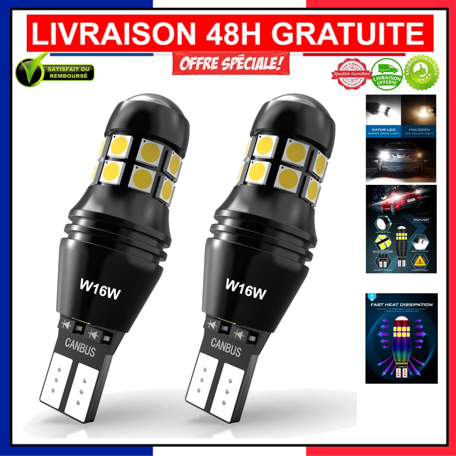 Ampoule W16W T15 LED anti erreur CANBUS KATUR éclairage blanc froid 2 pièces