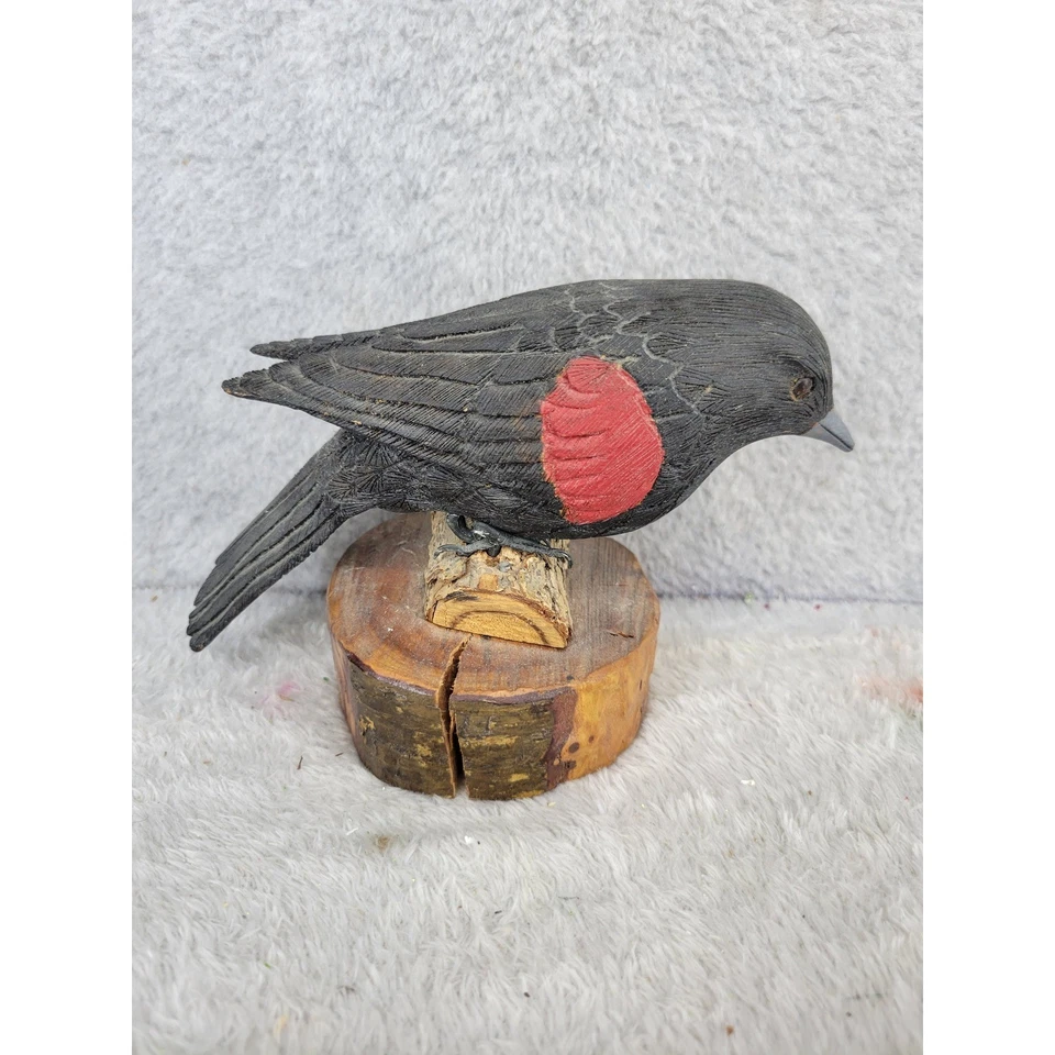 Скульптура резной деревянной птицы ручной работы Red Wing Blackbird с подписью Ralph Villemez 1984 - Изображение 2 из 4
