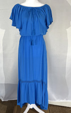 Time & Tru Blue Off Shoulder Ruffle Gauzy Women's High/Low Midi Dress L 12-14