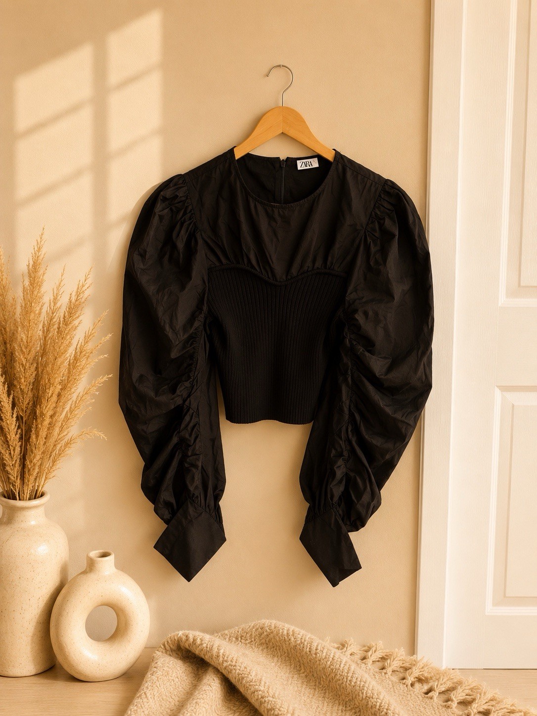Zara Black top Ribbed XS Puff Long Sleeve Round Neck jersey basque image 2