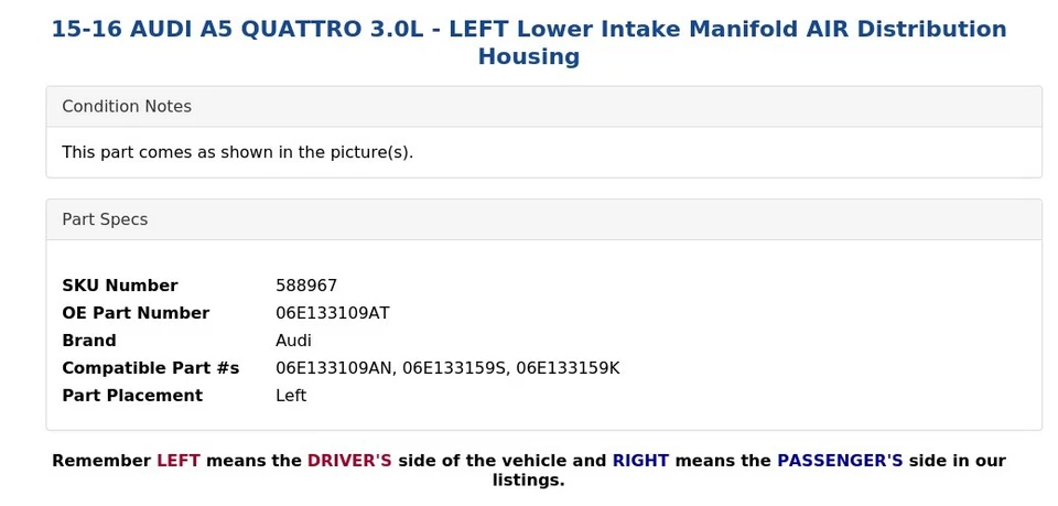 15-16 AUDI A5 QUATTRO 3.0L - IZQUIERDO Colector de admisión inferior Carcasa de distribución de aire Foto 4 de 4
