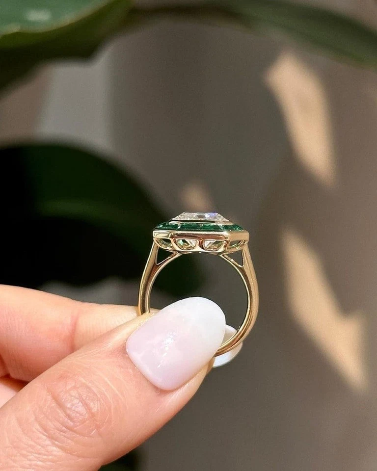 Conjunto de bisel de anillo halo verde corte esmeralda moissanita anillo de compromiso regalos vintage Foto 2 de 4