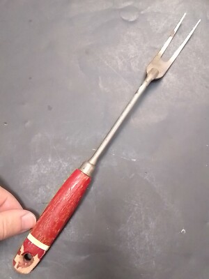 Vintage Ekco Meat Carving Serving Fork Red Wood Handle USA  Utensil