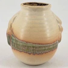Mid century boho style signed Studio art pottery small bud vase w handles