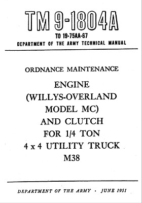 142 Page TM 9-1804A M38 WILLYS OVERLAND JEEP MC ENGINE CLUTCH L-134 Manual on CD