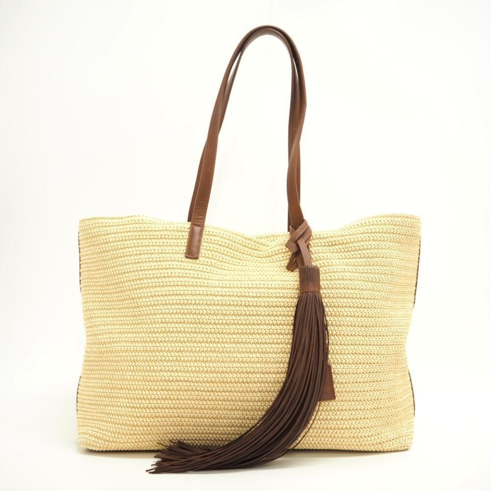 YVES SAINT LAURENT YSL Borsa tote con frange in rafia marrone beige con sacchetto antipolvere