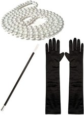 FLAPPER SET 1920S Ladies Charleston Cigarette Holder Pearls Beads Black Gloves