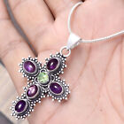 African Amethyst, Peridot Pendant 925 Sterling Silver Cross Christmas Jewelry