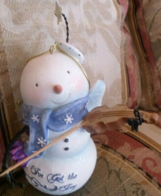  Glittery Snowman Angel Playing Violin  tree/tabletop ornament. 4''