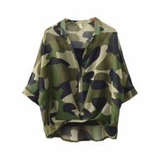 Women Camouflage Chiffon Blouse Shirt T-shirt Top Bat Sleeve Summer Loose Tees