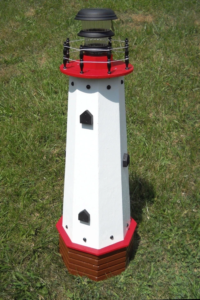 Solar lighthouse wood decorative lawn and garden ornament 3 ft tall red accents - Image 2 of 4
