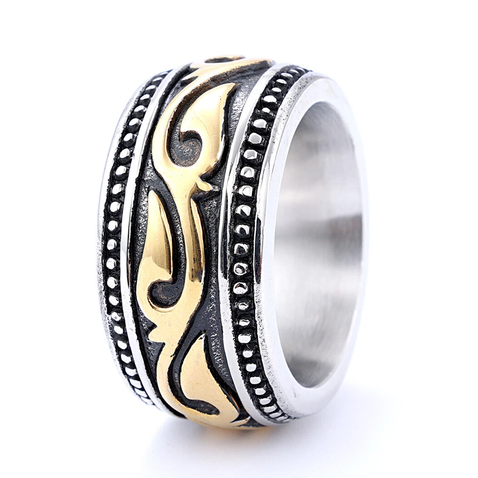Vintage 14mm Big Wedding Bands Flower Vine Ring Stainless Steel Men's Heavy Band - Image 3 of 4
