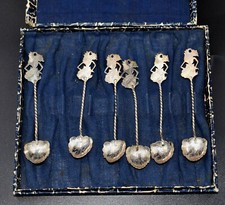 6x Mokka- Kaffee- L&ouml;ffel Set 800 Silber Antik 1. H. 20.Jh Yogya Wayang Java