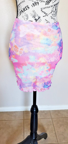 Black Bead Rainbow Butterfly Tie Dye Sheer Mini Skirt  Rave Woman's Size Small