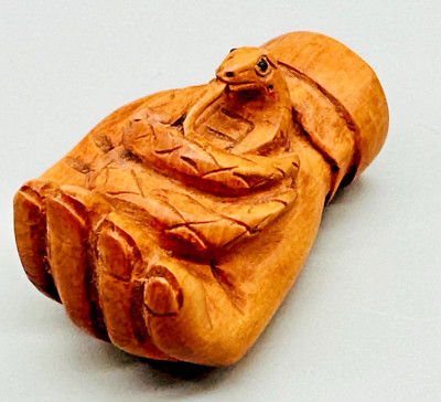 Netsuke Hand Carved Boxwood Snake Cobra Toggle Luck Charm 2'' Japanese Inro Ojime