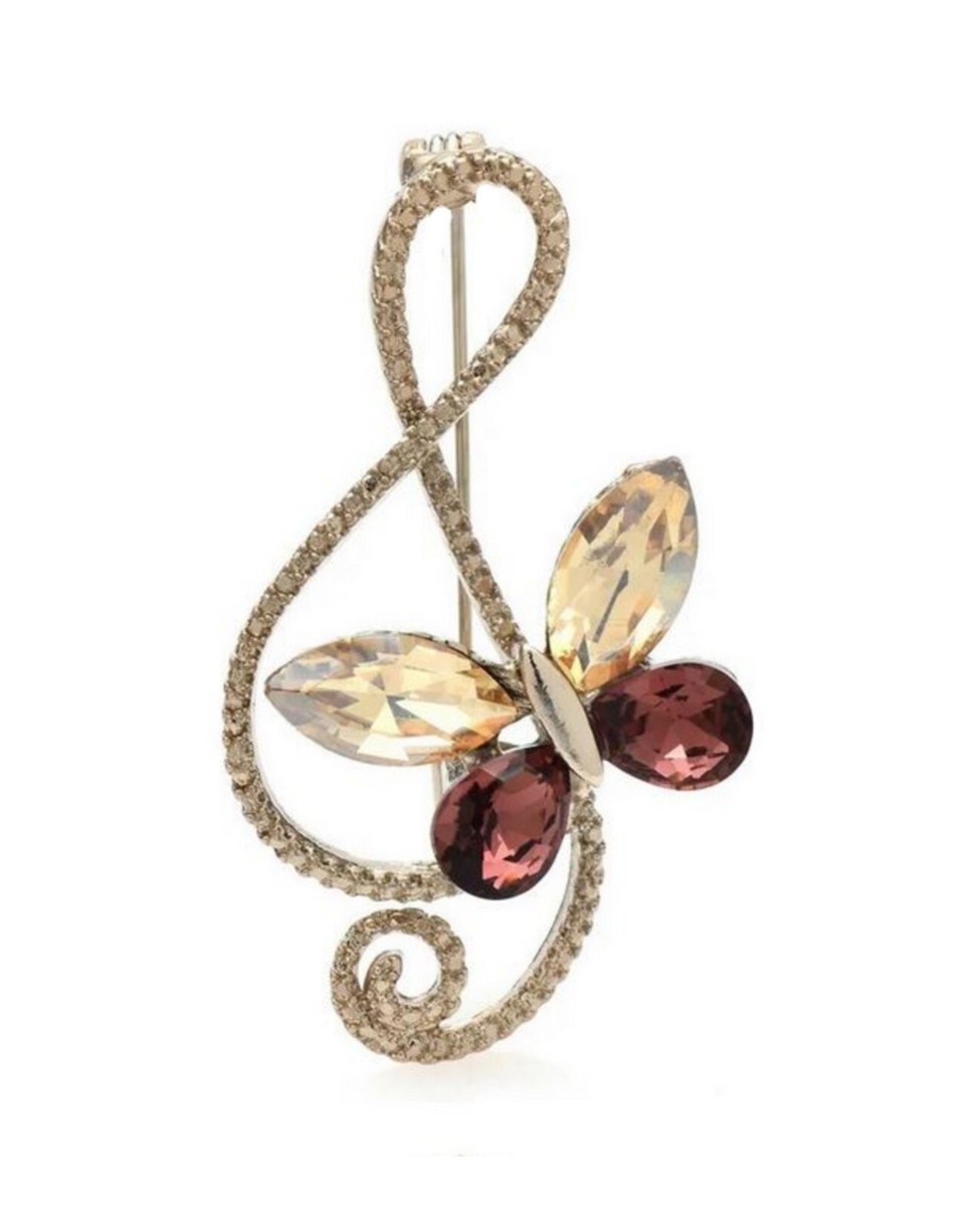 Broche Clé De Sol Et Papillon – Acier Doré Et Cristal – Bijou Fantaisie Femme