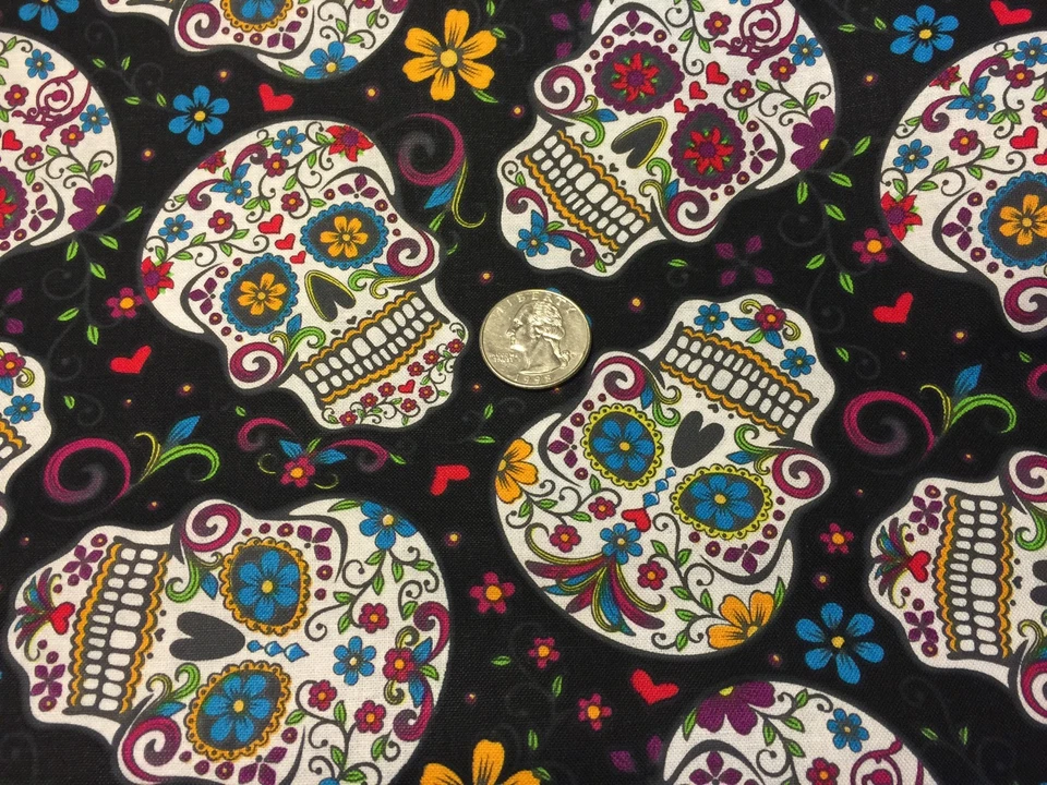 Fabric Day of the Dead Skulls and Zombies on Black Cotton 1/4 yard DTEXTILES - Image 3 of 4