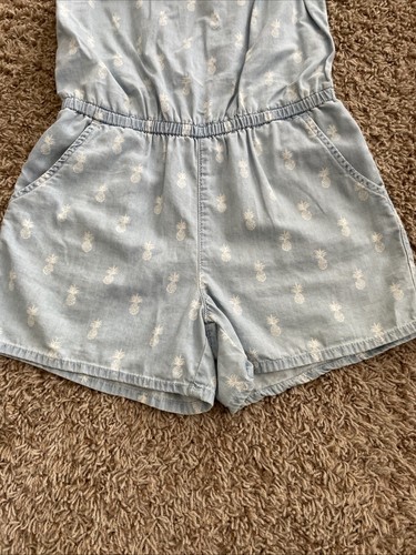 Gap Denim Girls Size Large Blue Chambray Pineapple Romper Pockets Bow Straps - Picture 5 of 10