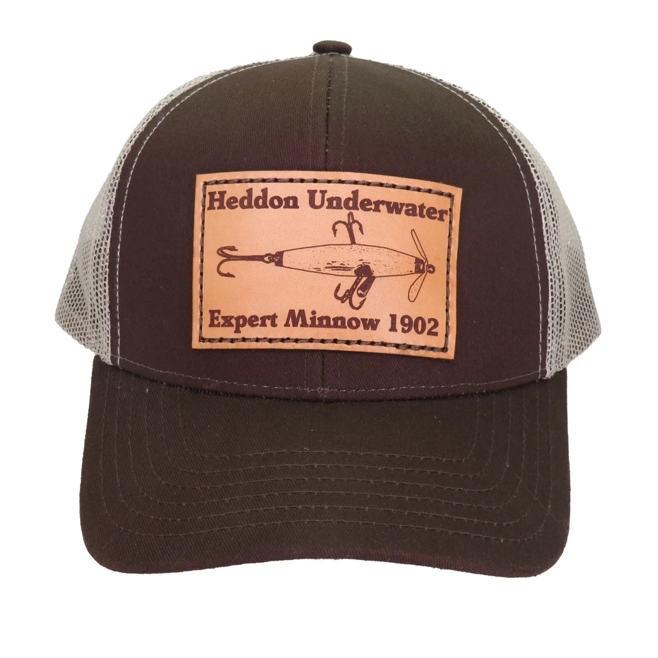 Heddon Expert Minnow Hat Cap Snapback Leather Patch Sewn Trucker Adjustable s