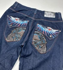 Raw Blue Jeans Size 42/34 Hip-Hop JNCO Style Wings Skulls Vintage