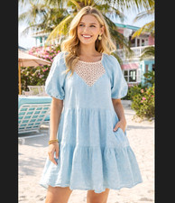 Lilly Pulitzer Charlet Linen Dress 16 Blue Puff Sleeve Tiered Lace Pockets Boho